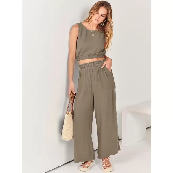 imageANRABESS Womens Summer 2 Piece Outfits Sleeveless Round Neck Crop Top Tank and High Waisted Pants Jumpsuit Lounge SetLight Brown