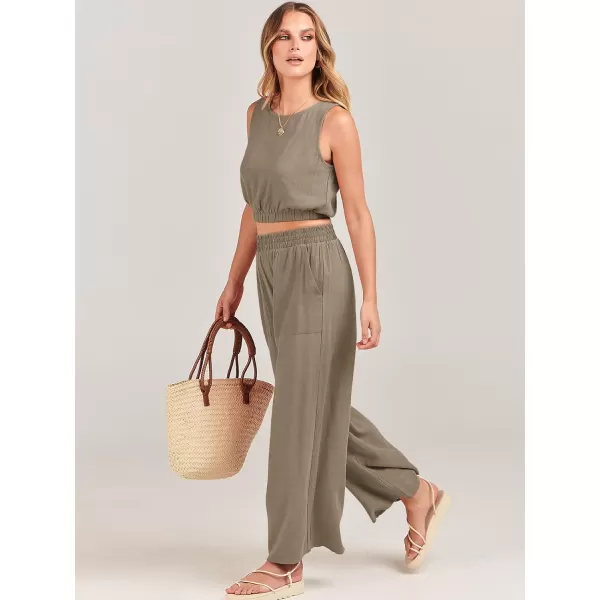 imageANRABESS Womens Summer 2 Piece Outfits Sleeveless Round Neck Crop Top Tank and High Waisted Pants Jumpsuit Lounge SetLight Brown