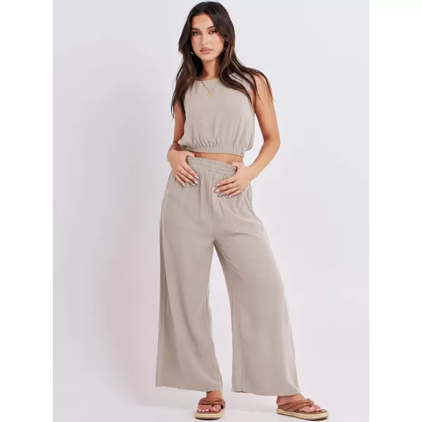 imageANRABESS Womens Summer 2 Piece Outfits Sleeveless Round Neck Crop Top Tank and High Waisted Pants Jumpsuit Lounge SetLight Grey