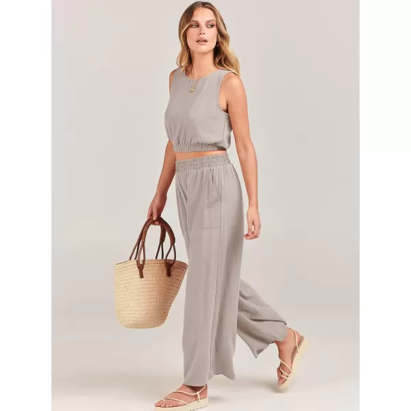 imageANRABESS Womens Summer 2 Piece Outfits Sleeveless Round Neck Crop Top Tank and High Waisted Pants Jumpsuit Lounge SetLight Grey