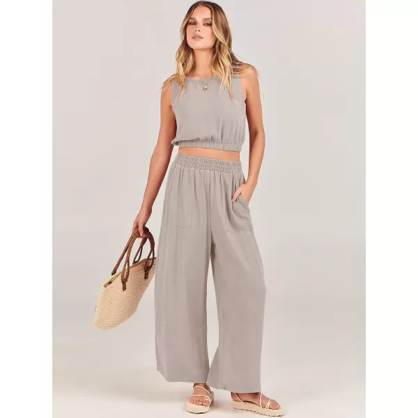 imageANRABESS Womens Summer 2 Piece Outfits Sleeveless Round Neck Crop Top Tank and High Waisted Pants Jumpsuit Lounge SetLight Grey