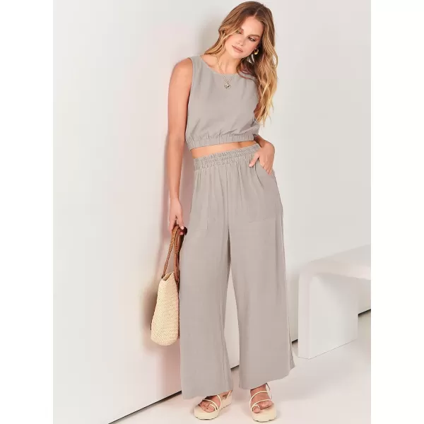 imageANRABESS Womens Summer 2 Piece Outfits Sleeveless Round Neck Crop Top Tank and High Waisted Pants Jumpsuit Lounge SetLight Grey