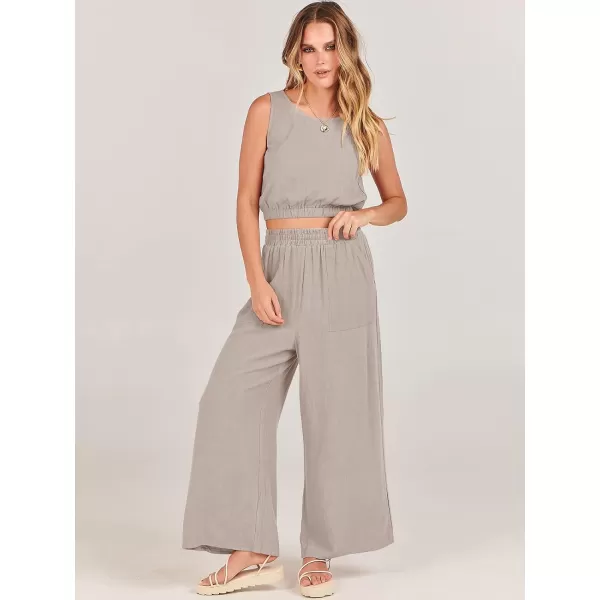 imageANRABESS Womens Summer 2 Piece Outfits Sleeveless Round Neck Crop Top Tank and High Waisted Pants Jumpsuit Lounge SetLight Grey