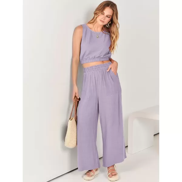 imageANRABESS Womens Summer 2 Piece Outfits Sleeveless Round Neck Crop Top Tank and High Waisted Pants Jumpsuit Lounge SetLight Purple