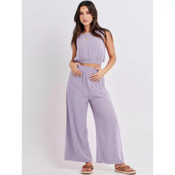 imageANRABESS Womens Summer 2 Piece Outfits Sleeveless Round Neck Crop Top Tank and High Waisted Pants Jumpsuit Lounge SetLight Purple