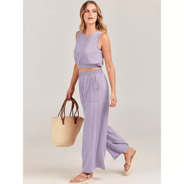 imageANRABESS Womens Summer 2 Piece Outfits Sleeveless Round Neck Crop Top Tank and High Waisted Pants Jumpsuit Lounge SetLight Purple
