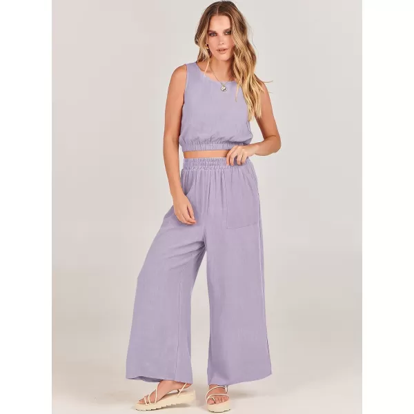 imageANRABESS Womens Summer 2 Piece Outfits Sleeveless Round Neck Crop Top Tank and High Waisted Pants Jumpsuit Lounge SetLight Purple