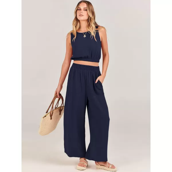 imageANRABESS Womens Summer 2 Piece Outfits Sleeveless Round Neck Crop Top Tank and High Waisted Pants Jumpsuit Lounge SetNavy Blue