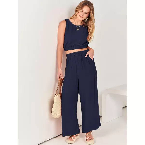 imageANRABESS Womens Summer 2 Piece Outfits Sleeveless Round Neck Crop Top Tank and High Waisted Pants Jumpsuit Lounge SetNavy Blue