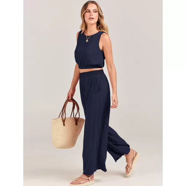 imageANRABESS Womens Summer 2 Piece Outfits Sleeveless Round Neck Crop Top Tank and High Waisted Pants Jumpsuit Lounge SetNavy Blue