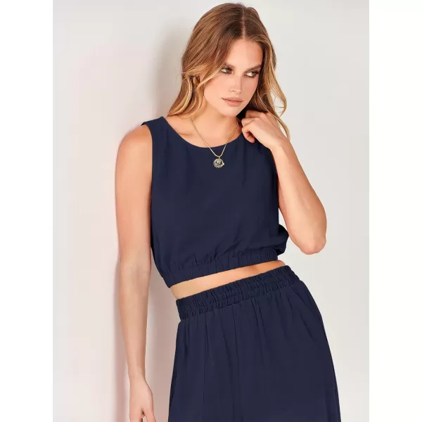 imageANRABESS Womens Summer 2 Piece Outfits Sleeveless Round Neck Crop Top Tank and High Waisted Pants Jumpsuit Lounge SetNavy Blue
