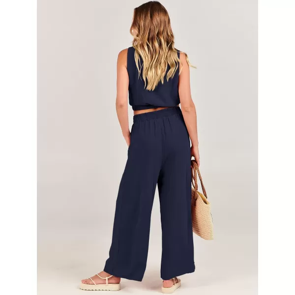 imageANRABESS Womens Summer 2 Piece Outfits Sleeveless Round Neck Crop Top Tank and High Waisted Pants Jumpsuit Lounge SetNavy Blue