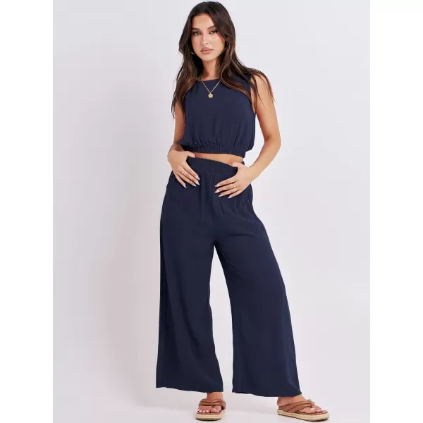 imageANRABESS Womens Summer 2 Piece Outfits Sleeveless Round Neck Crop Top Tank and High Waisted Pants Jumpsuit Lounge SetNavy Blue