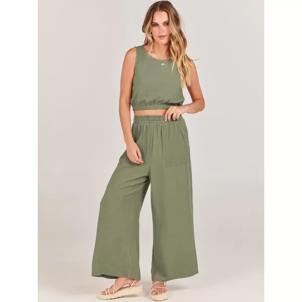 imageANRABESS Womens Summer 2 Piece Outfits Sleeveless Round Neck Crop Top Tank and High Waisted Pants Jumpsuit Lounge SetOlive