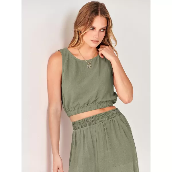 imageANRABESS Womens Summer 2 Piece Outfits Sleeveless Round Neck Crop Top Tank and High Waisted Pants Jumpsuit Lounge SetOlive