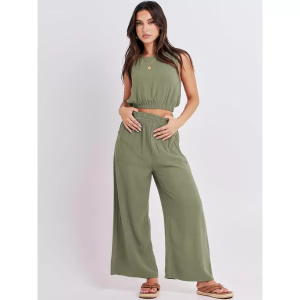 imageANRABESS Womens Summer 2 Piece Outfits Sleeveless Round Neck Crop Top Tank and High Waisted Pants Jumpsuit Lounge SetOlive