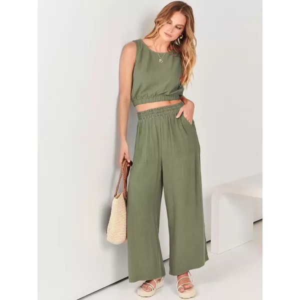 imageANRABESS Womens Summer 2 Piece Outfits Sleeveless Round Neck Crop Top Tank and High Waisted Pants Jumpsuit Lounge SetOlive