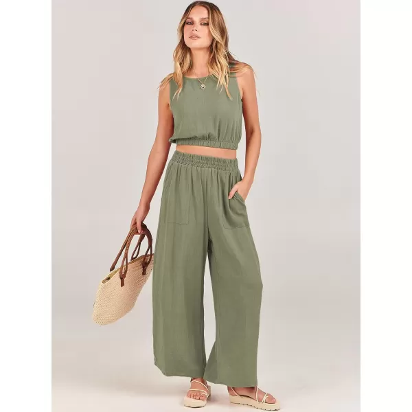 imageANRABESS Womens Summer 2 Piece Outfits Sleeveless Round Neck Crop Top Tank and High Waisted Pants Jumpsuit Lounge SetOlive