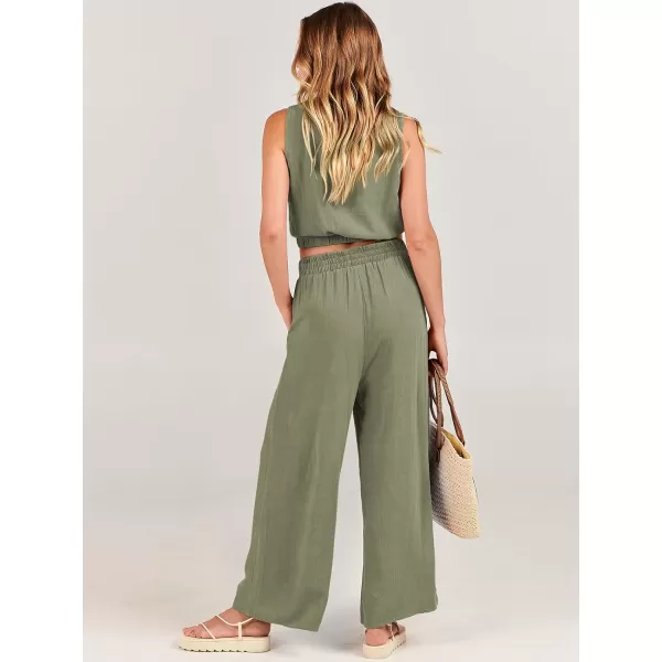 imageANRABESS Womens Summer 2 Piece Outfits Sleeveless Round Neck Crop Top Tank and High Waisted Pants Jumpsuit Lounge SetOlive