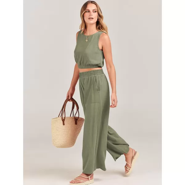 imageANRABESS Womens Summer 2 Piece Outfits Sleeveless Round Neck Crop Top Tank and High Waisted Pants Jumpsuit Lounge SetOlive