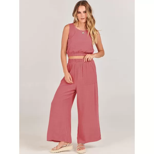 imageANRABESS Womens Summer 2 Piece Outfits Sleeveless Round Neck Crop Top Tank and High Waisted Pants Jumpsuit Lounge SetPeach
