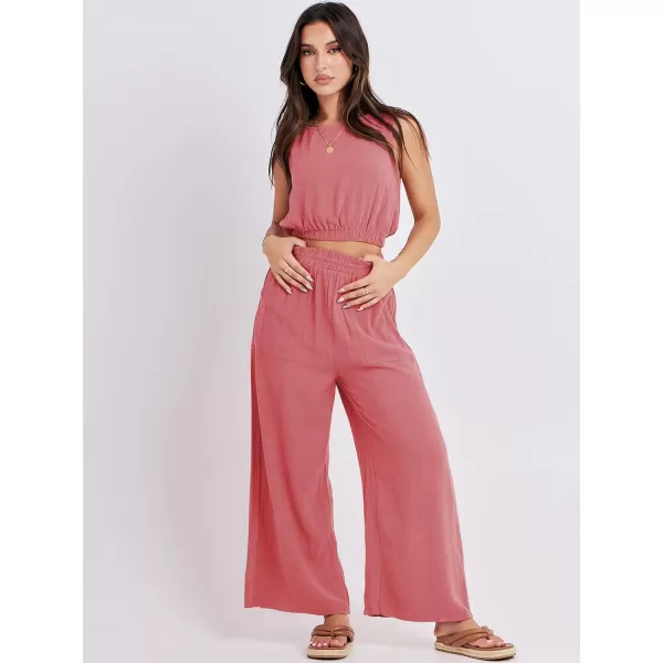 imageANRABESS Womens Summer 2 Piece Outfits Sleeveless Round Neck Crop Top Tank and High Waisted Pants Jumpsuit Lounge SetPeach