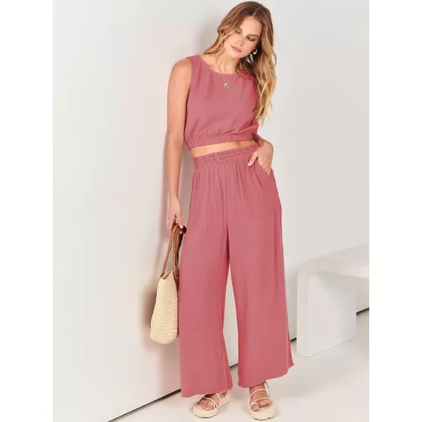 imageANRABESS Womens Summer 2 Piece Outfits Sleeveless Round Neck Crop Top Tank and High Waisted Pants Jumpsuit Lounge SetPeach