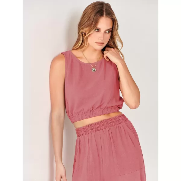 imageANRABESS Womens Summer 2 Piece Outfits Sleeveless Round Neck Crop Top Tank and High Waisted Pants Jumpsuit Lounge SetPeach