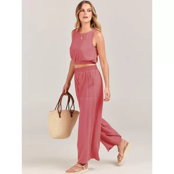 imageANRABESS Womens Summer 2 Piece Outfits Sleeveless Round Neck Crop Top Tank and High Waisted Pants Jumpsuit Lounge SetPeach