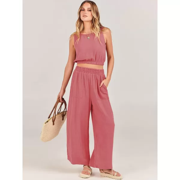 imageANRABESS Womens Summer 2 Piece Outfits Sleeveless Round Neck Crop Top Tank and High Waisted Pants Jumpsuit Lounge SetPeach