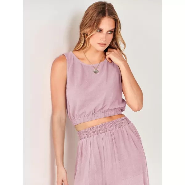 imageANRABESS Womens Summer 2 Piece Outfits Sleeveless Round Neck Crop Top Tank and High Waisted Pants Jumpsuit Lounge SetPink