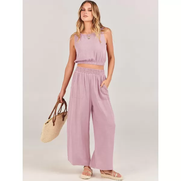 imageANRABESS Womens Summer 2 Piece Outfits Sleeveless Round Neck Crop Top Tank and High Waisted Pants Jumpsuit Lounge SetPink