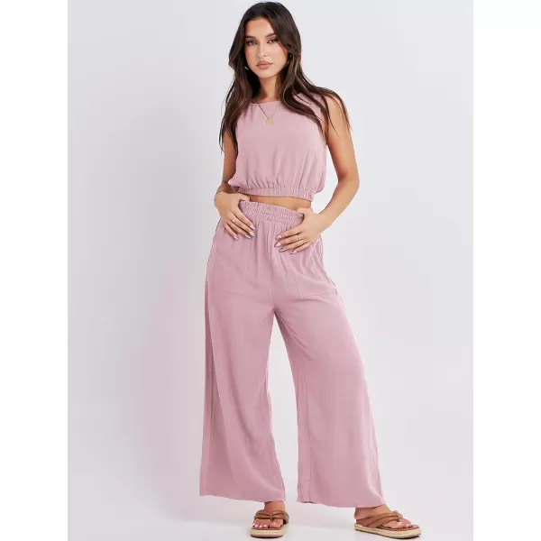 imageANRABESS Womens Summer 2 Piece Outfits Sleeveless Round Neck Crop Top Tank and High Waisted Pants Jumpsuit Lounge SetPink