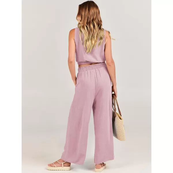imageANRABESS Womens Summer 2 Piece Outfits Sleeveless Round Neck Crop Top Tank and High Waisted Pants Jumpsuit Lounge SetPink