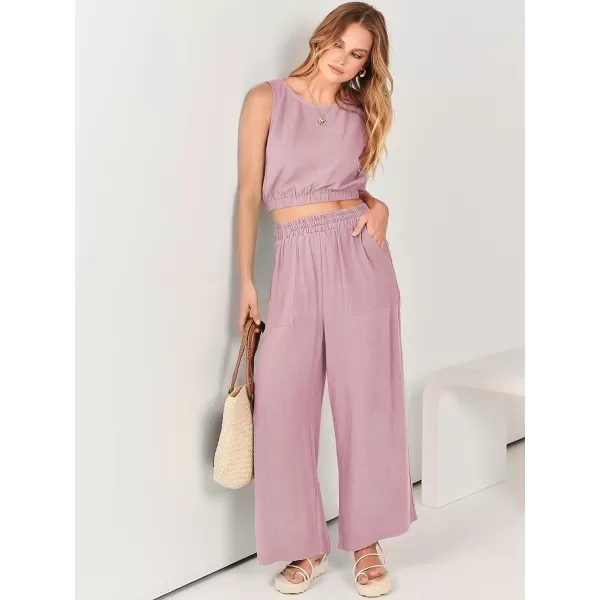imageANRABESS Womens Summer 2 Piece Outfits Sleeveless Round Neck Crop Top Tank and High Waisted Pants Jumpsuit Lounge SetPink