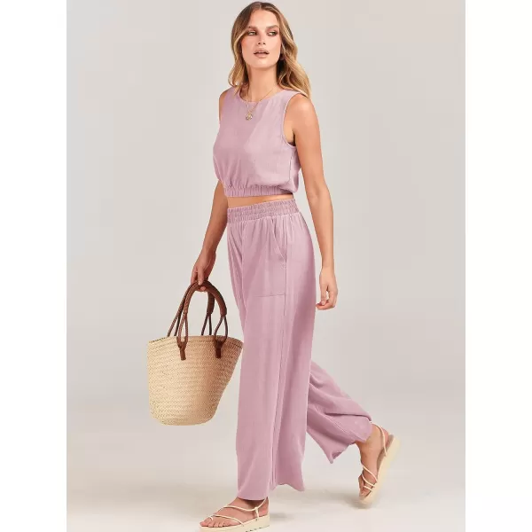 imageANRABESS Womens Summer 2 Piece Outfits Sleeveless Round Neck Crop Top Tank and High Waisted Pants Jumpsuit Lounge SetPink