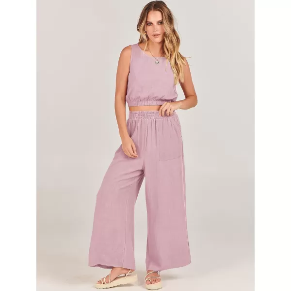imageANRABESS Womens Summer 2 Piece Outfits Sleeveless Round Neck Crop Top Tank and High Waisted Pants Jumpsuit Lounge SetPink