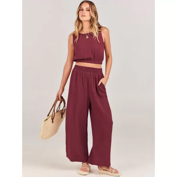 imageANRABESS Womens Summer 2 Piece Outfits Sleeveless Round Neck Crop Top Tank and High Waisted Pants Jumpsuit Lounge SetRed