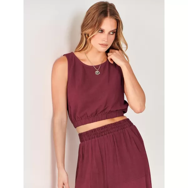 imageANRABESS Womens Summer 2 Piece Outfits Sleeveless Round Neck Crop Top Tank and High Waisted Pants Jumpsuit Lounge SetRed