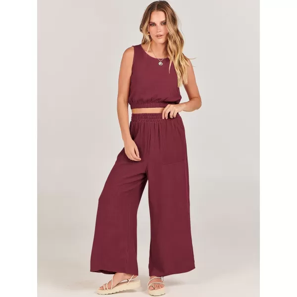 imageANRABESS Womens Summer 2 Piece Outfits Sleeveless Round Neck Crop Top Tank and High Waisted Pants Jumpsuit Lounge SetRed