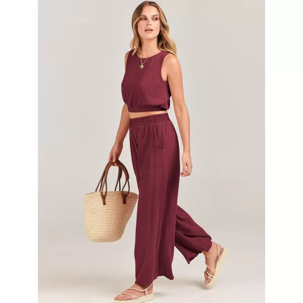 imageANRABESS Womens Summer 2 Piece Outfits Sleeveless Round Neck Crop Top Tank and High Waisted Pants Jumpsuit Lounge SetRed