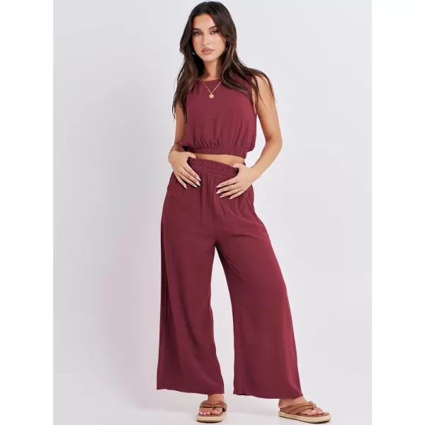 imageANRABESS Womens Summer 2 Piece Outfits Sleeveless Round Neck Crop Top Tank and High Waisted Pants Jumpsuit Lounge SetRed
