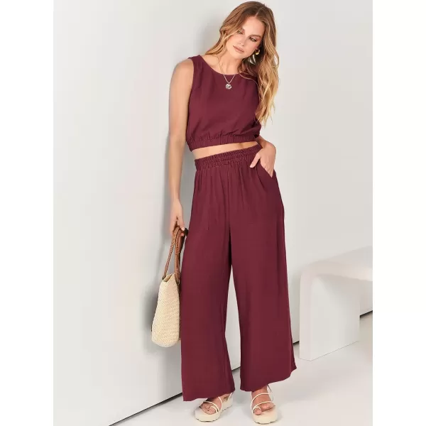 imageANRABESS Womens Summer 2 Piece Outfits Sleeveless Round Neck Crop Top Tank and High Waisted Pants Jumpsuit Lounge SetRed