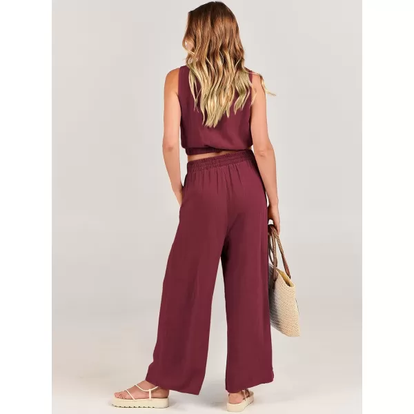 imageANRABESS Womens Summer 2 Piece Outfits Sleeveless Round Neck Crop Top Tank and High Waisted Pants Jumpsuit Lounge SetRed