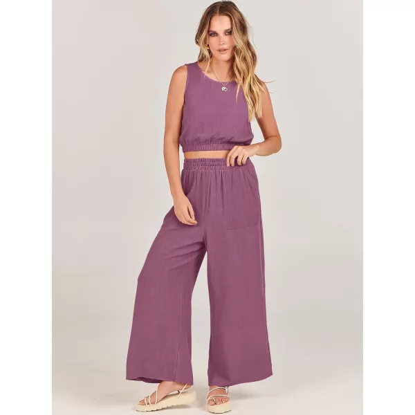 imageANRABESS Womens Summer 2 Piece Outfits Sleeveless Round Neck Crop Top Tank and High Waisted Pants Jumpsuit Lounge SetRose