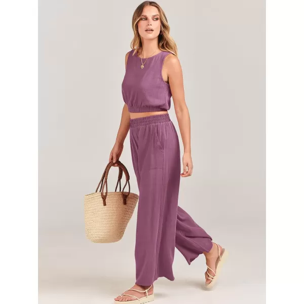 imageANRABESS Womens Summer 2 Piece Outfits Sleeveless Round Neck Crop Top Tank and High Waisted Pants Jumpsuit Lounge SetRose