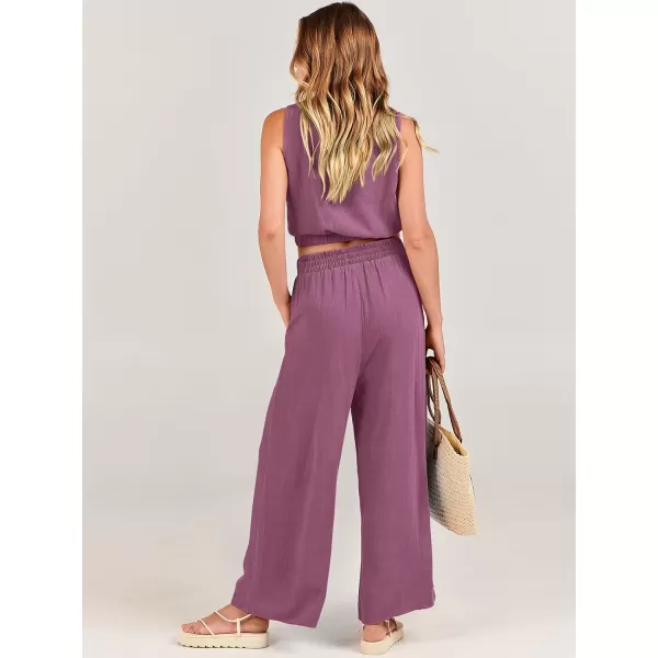 imageANRABESS Womens Summer 2 Piece Outfits Sleeveless Round Neck Crop Top Tank and High Waisted Pants Jumpsuit Lounge SetRose