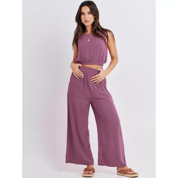 imageANRABESS Womens Summer 2 Piece Outfits Sleeveless Round Neck Crop Top Tank and High Waisted Pants Jumpsuit Lounge SetRose