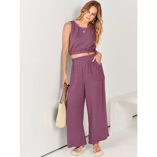 imageANRABESS Womens Summer 2 Piece Outfits Sleeveless Round Neck Crop Top Tank and High Waisted Pants Jumpsuit Lounge SetRose