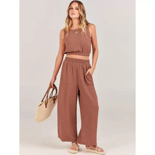 imageANRABESS Womens Summer 2 Piece Outfits Sleeveless Round Neck Crop Top Tank and High Waisted Pants Jumpsuit Lounge SetRust
